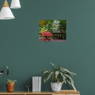 Pavillon japanischer Garten und Herbstblätter Poster