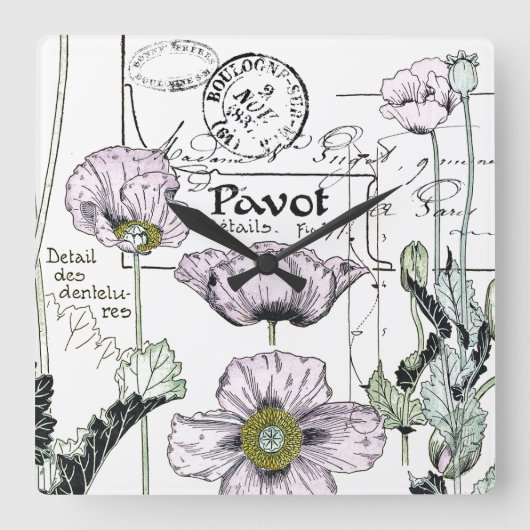Pavot Poppy Blume Wall Clock Quadratische Wanduhr (Vorderseite)