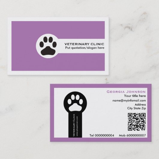 Paw and QR code purple Vet/Veterinary Clinic  Visitenkarte (Vorne/Hinten)