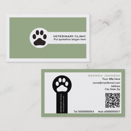 Paw and QR code sage green Vet/Veterinary Clinic  Visitenkarte (Vorne/Hinten)