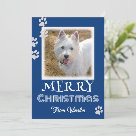 Paw druckt frohe Weihnachts-Dog-Fotokarten (Stehend Vorderseite)