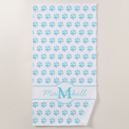 Paw druckt Glitzer Blue White Monogram Cat Dog Mam Strandtuch (Vorderseite)