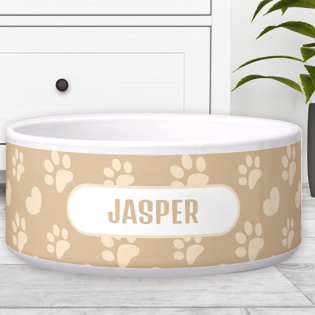 Paw druckt Herzmuster Beige Name Pet Dog Napf (Paw Prints Heart Pattern Beige Name Pet Dog Bowl)