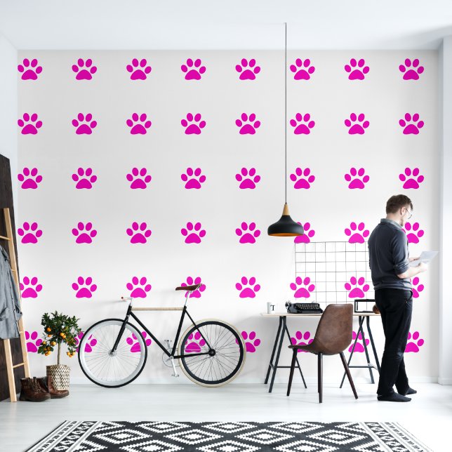 Paw druckt Pets Pink White Simple Animal Pattern Tapete (Wohnbereich)