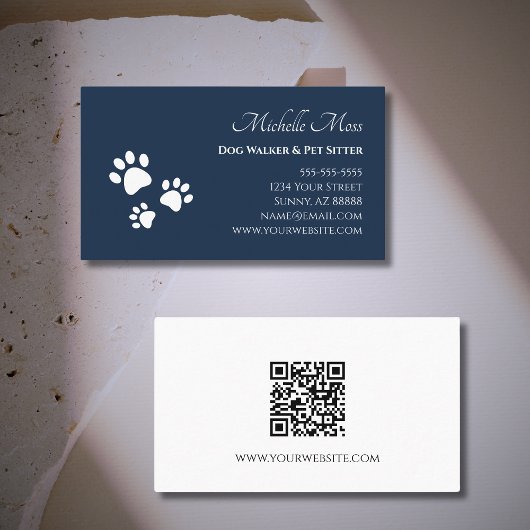 Paw druckt QR-Code Navy Blue Pet Sitter Visitenkarte