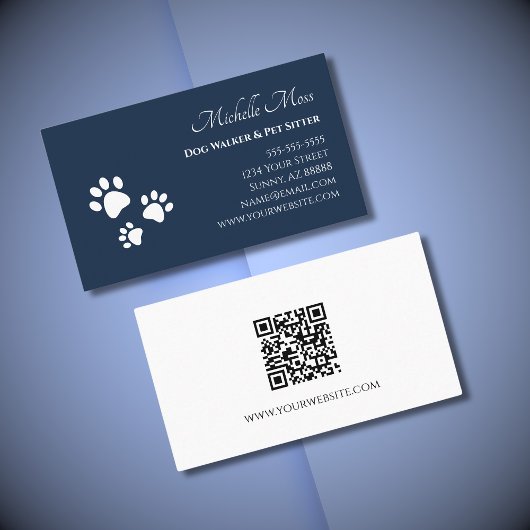 Paw druckt QR-Code Navy Blue Pet Sitter Visitenkarte