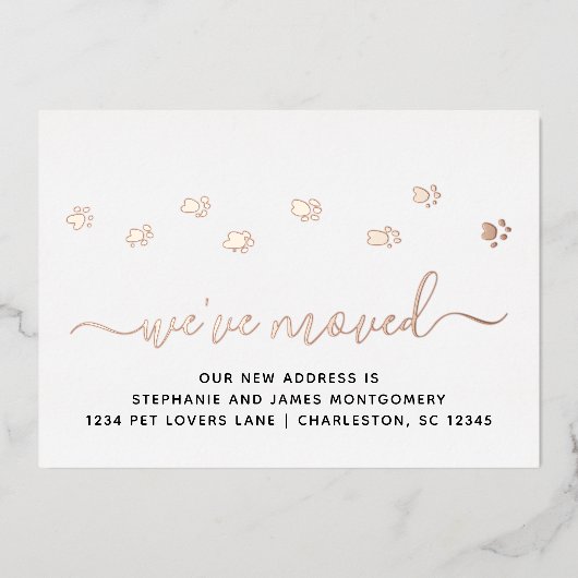 Paw druckt Rose Gold Foil Moving Announcement Card Folieneinladung (Vorderseite)