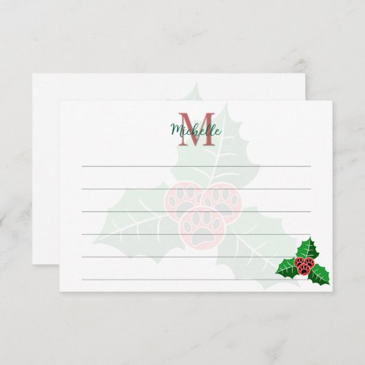 Paw Holly Leaves Christmas Custom Monogram Lined Mitteilungskarte (Vorne/Hinten)