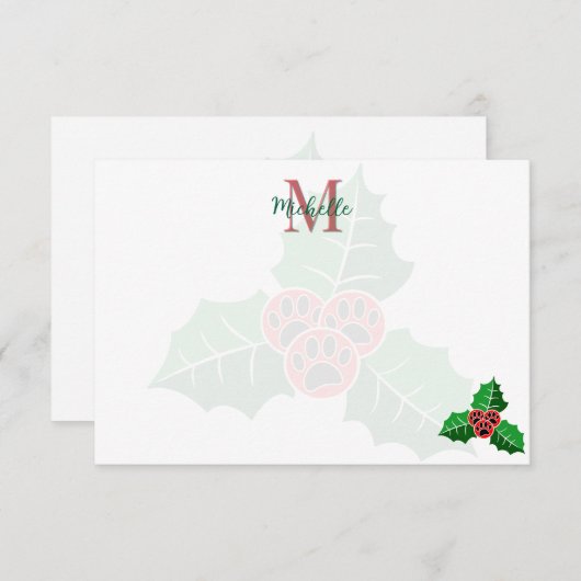 Paw Holly Leaves Christmas Custom Monogram Mitteilungskarte (Vorne/Hinten)