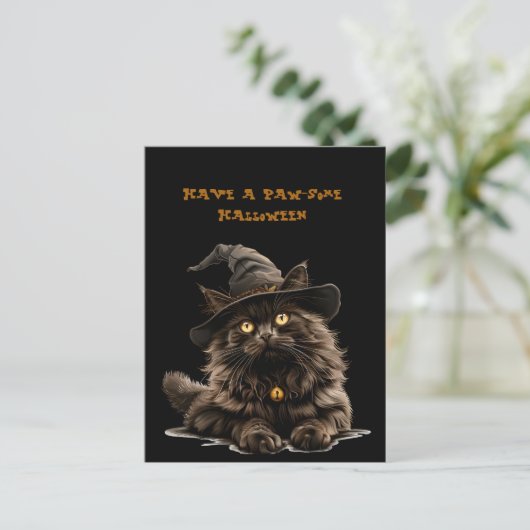 Paw-irgendein Halloween-Schwarzkatzenhut Postkarte (Stehend Vorderseite)