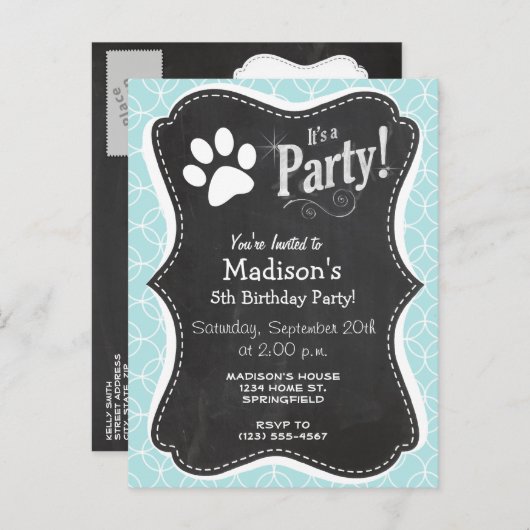 Paw Print; Baby Blue Circles Einladungspostkarte (Vorne/Hinten)