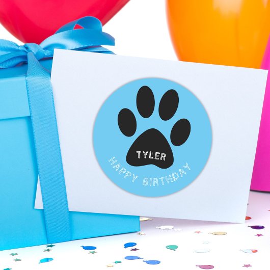 Paw Print Blue Happy Geburtsname Runder Aufkleber