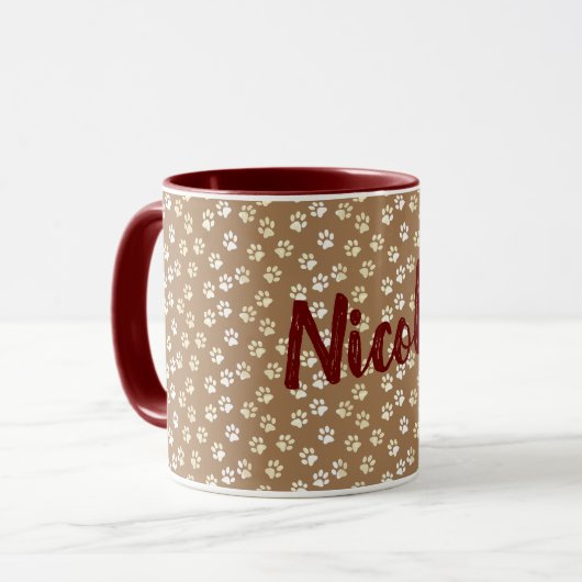Paw Print Creme und Kaffee Tasse mit Namen (Vorderseite Links)