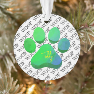 Paw Print DOG NAME Woof Pattern Moderne Pet Fun Ornament