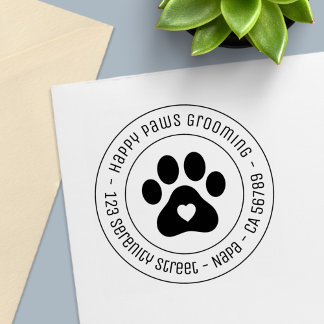 Paw Print Grooming Business Heart Round Address Permastempel