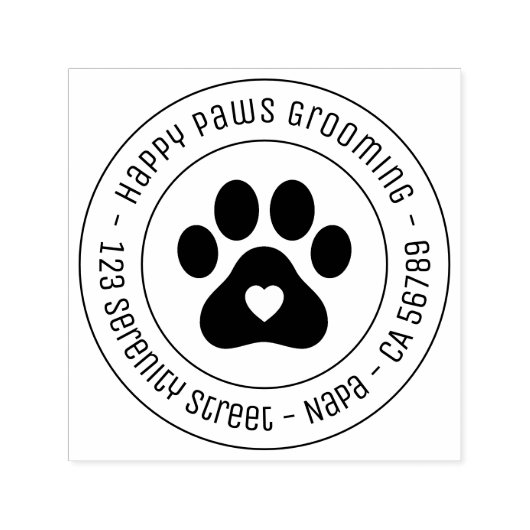 Paw Print Grooming Business Heart Round Address Permastempel (Design)