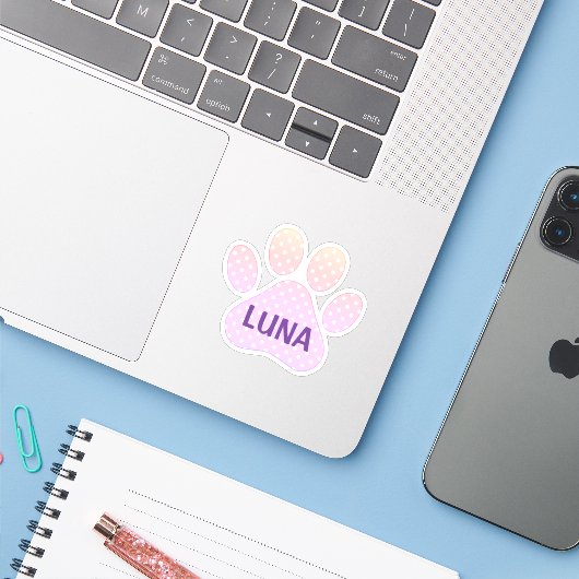 Paw Print Pastel Rainbow Polka Dots With Name Aufkleber (Laptop mit iPhone)