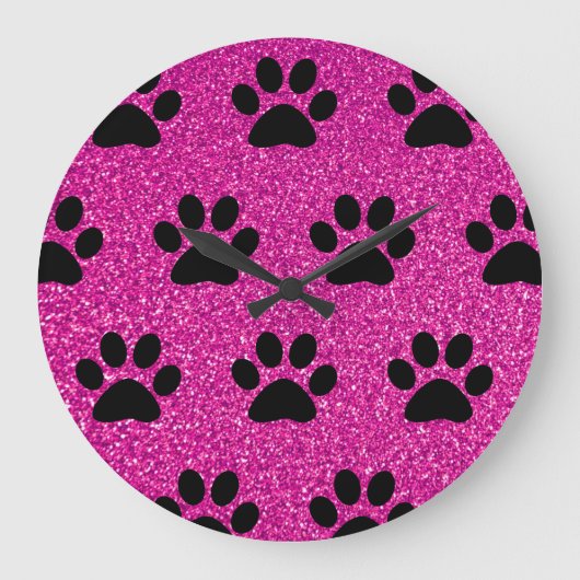 Paw Print Patterns Black Pink Glitter Cute Girly Große Wanduhr (Vorderseite)