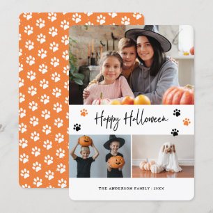 Paw Print Pet Foto Collage Orange Halloween Card Feiertagskarte