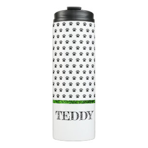 Paw Print PET NAME Grass Dog Cat Sitter Spaß Thermosbecher