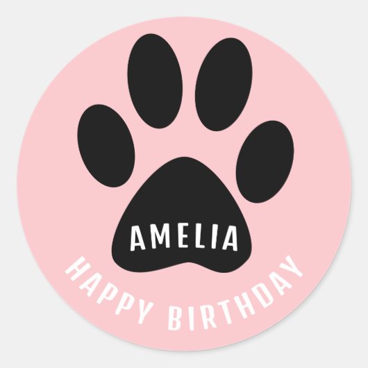 Paw Print Pink Happy Birthday Sticker with Name (Vorderseite)
