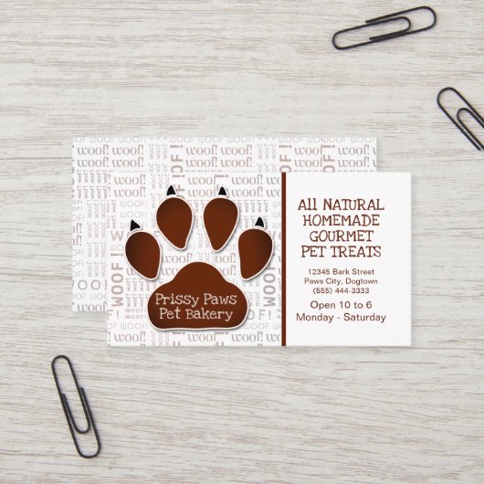 Paw Print with Message and Name in Brown Visitenkarte (Vorderseite/Rückseite Beispiel)