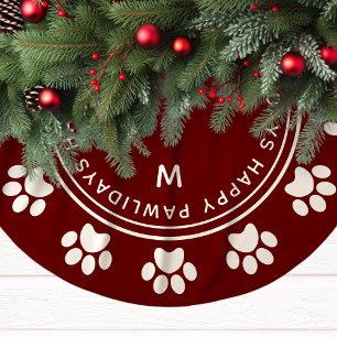 Paw Print Wreath Monogram Pet Burgundy Weihnachten Polyester Weihnachtsbaumdecke