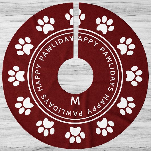 Paw Print Wreath Monogram Pet Burgundy Weihnachten Polyester Weihnachtsbaumdecke