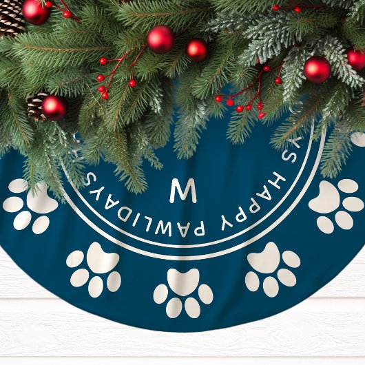 Paw Print Wreath Monogram Pet Navy Weihnachten Polyester Weihnachtsbaumdecke