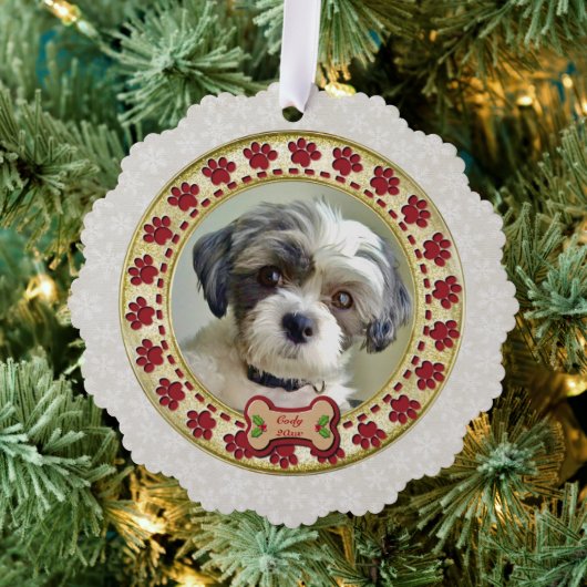 Paw Prints and Gold Frame Custom Pet Photo Ornament Karte (Insitu (Baum))