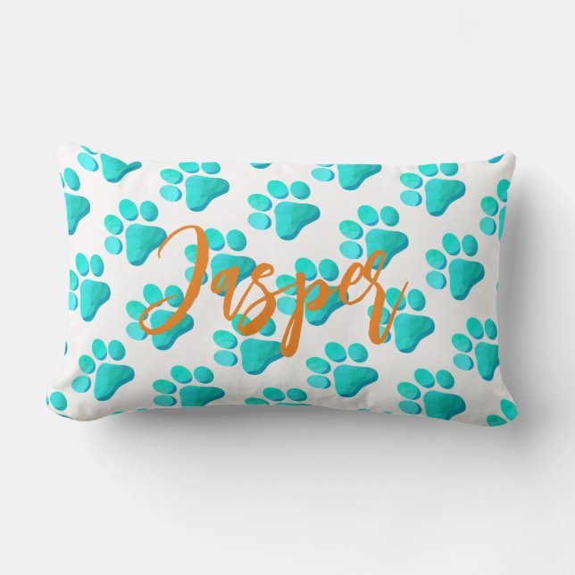 Paw Prints Aqua Blue PET NAME Orange Artisan Fun Lendenkissen (Vorderseite)