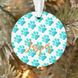 Paw Prints Aqua Blue PET NAME Orange Modern Fun Ornament