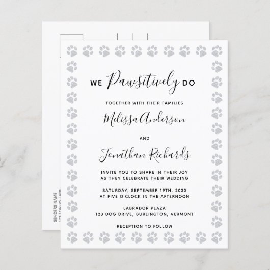 Paw Prints Budget Hochzeitseinladung Postkarte (Vorne/Hinten)