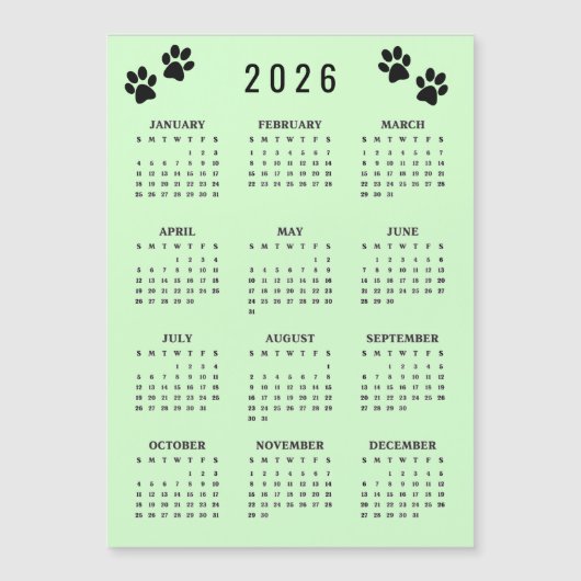 Paw Prints Design 2026 Kalender Magnetkarte (Vorderseite)
