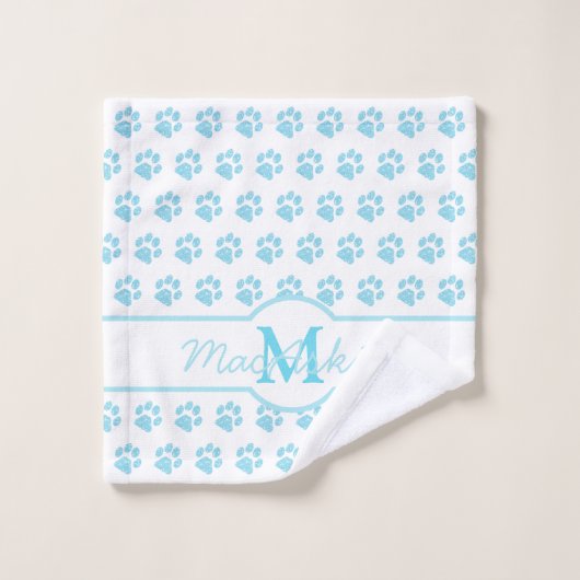 Paw Prints Glitzer Blau Aquamarines Monogramm Hund Waschlappen (Waschlappen)