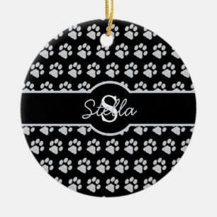 Paw Prints Glitzer Silver Monogram Cat Dog Mama Keramik Ornament