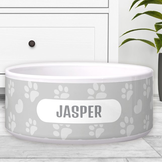 Paw Prints Herzmuster Graue Bezeichnung Haustier H Napf (Paw Prints Heart Pattern Grey Name Pet Dog Bowl)