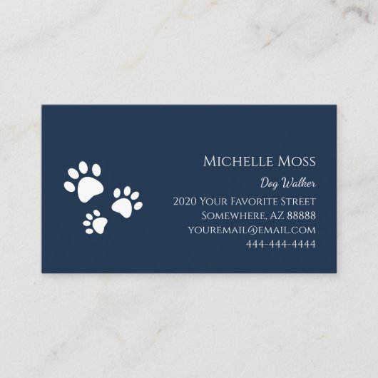 Paw Prints Pets Navy Blue Dog Walker Visitenkarte (Vorderseite)