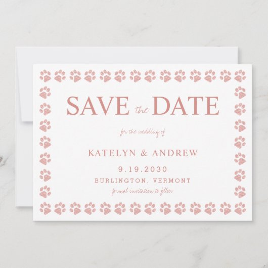 Paw Prints Rose Gold Glitzer Save the Date Einladung (Vorderseite)