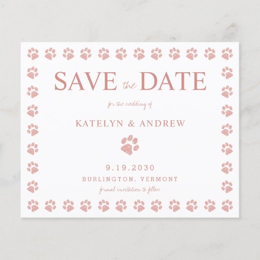 Paw Prints Rose Gold Save the Date Einladung (Vorderseite)