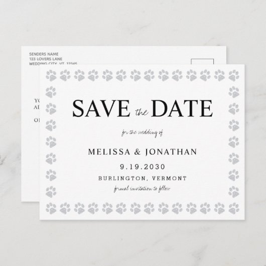 Paw Prints Silver Glitzer Save the Date kein Foto Postkarte (Vorne/Hinten)