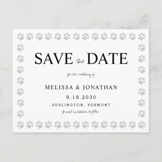 Paw Prints Silver Glitzer Save the Date kein Foto Postkarte (Vorderseite)