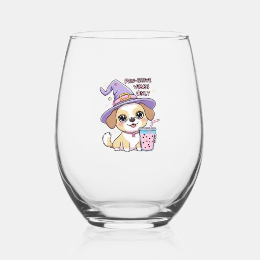 Paw-sitive Vibes Only Cute Dog With Bubble Tea Hal Weinglas Ohne Stiel (Vorderseite)
