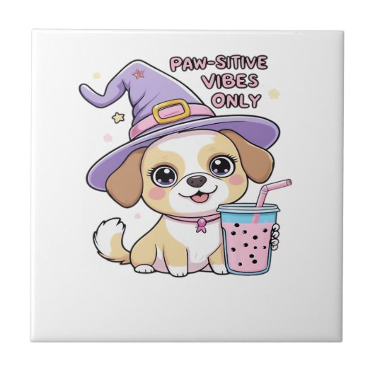 Paw-sitive Vibes Only Süßer Hund Mit Bubble Tea Ha Fliese (Vorderseite)