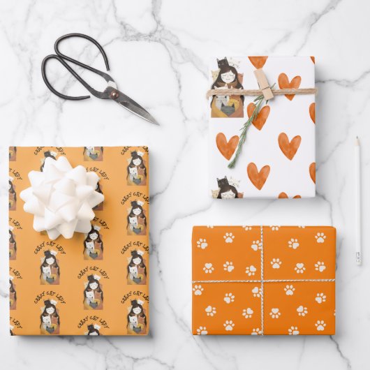 Paw und Herz Muster Funny Cat Lover Geschenkpapier Set (Vorderseite)