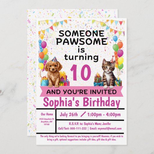 Pawesome Party; Kätzchen und Welpen | Einladung (Vorne/Hinten)