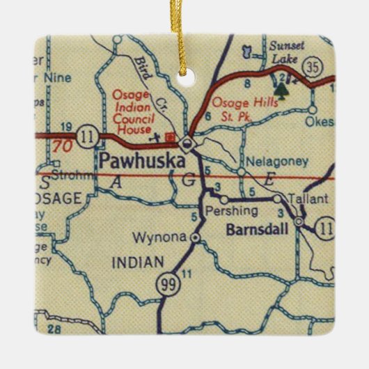 Pawhuska OK Retro Map Keramikornament (Vorderseite)