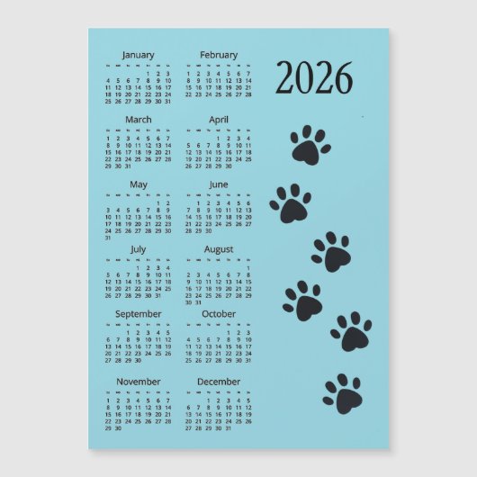 Pawprints Design 2026 Calendar Magnetic Card Magnetkarte (Vorderseite)