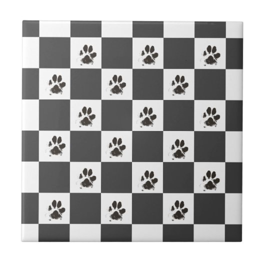 Paws Dog Pet Checkerboard Schwarz-weiß | Fliese (Vorderseite)