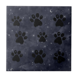 Paws Star und Crescent Moons Blue Watercolor Fliese
